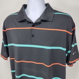 NIKE GOLF Polo Shirt DRI-FIT Mens Size Large Charcoal with Teal Orange Stripes